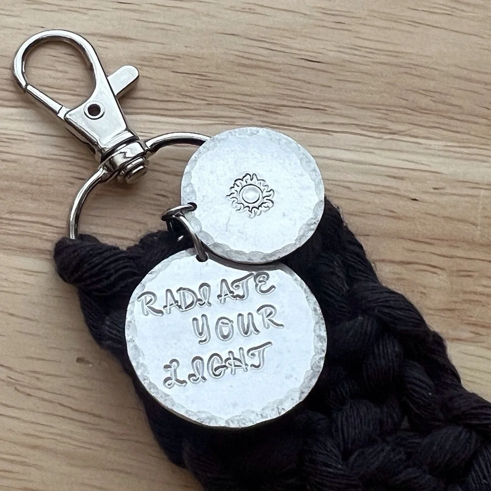 Handmade Boho Macrame Keychain, Black Macrame, Stamped Charm, Radiate Your Light